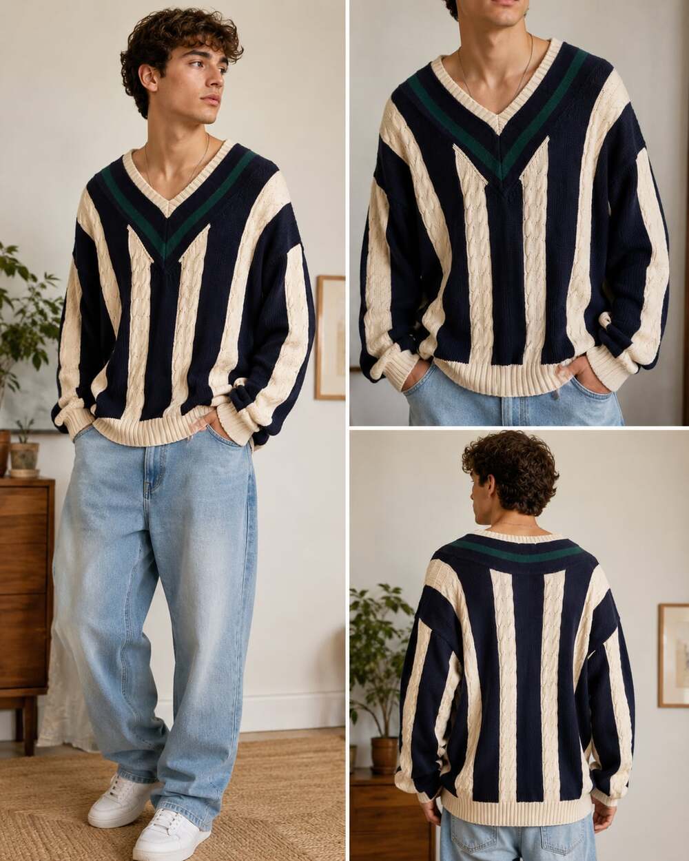 ✨ IZOD Oversized Cable Knit V-Neck Sweater – Navy / Cream / Green – Size L ✨